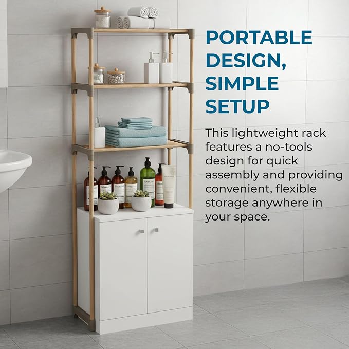Honey-Can-Do 3-Tier Wood Over-the-Toilet Storage Shelf, Natural | Space-saving natural wood shelf fits over toilet/small appliances. 2 slatted shelves + hanging bar. Tool-free build.
