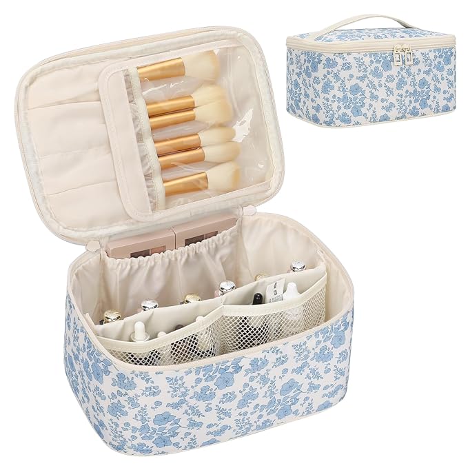 Makeup Bag Portable Cosmetic Bag For Women, Large Capacity Travel Makeup Case Organizer, Toiletry Bag for Girls Traveling With Handle and Divider-Flowers