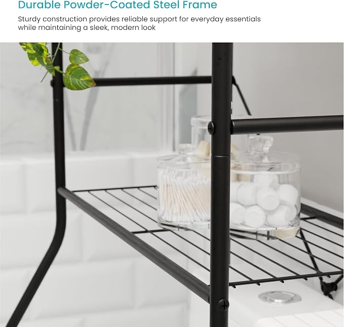 Home Zone Living Over-the-Toilet Bathroom Storage Cabinet Organizer | Freestanding Steel Frame Design with 3-Tier Shelves, Wide Stabilizing Base and Adjustable Feet, Black