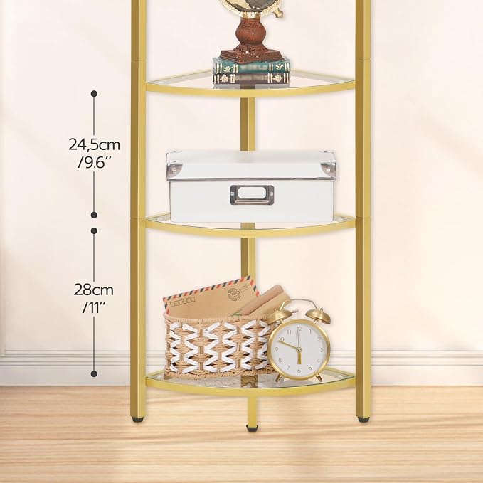 HOOBRO 5-Tier Corner Shelf Stand, Gold Corner Bookshelf, Tempered Glass Shelves, Bathroom Organizer, Corner Plant Stand, for Living Room, Study, Balcony, Home Office, Modern Style, Gold GD15CJ01