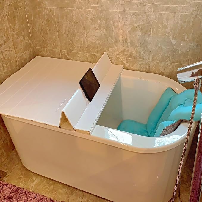 Foldable Bathtub Cover, Bath Tub Tray, Folding Bath Covers (63×31.5×0.3in) | Waterproof Insulation Table Dust Board, PVC Shutter Bath Lid Plate Fits Most Tubs for Bathroom Shower (White)