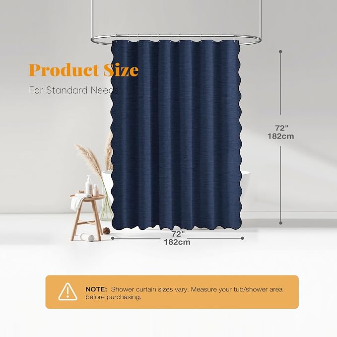 Navy Blue Boho Scalloped Linen Textured Cloth Shower Curtain, 72x72 | 230GSM Waterproof Polyester, Heavy Duty Fabric, 12 Plastic Hooks, Modern Farmhouse Style, Machine Washable, Bathroom Decor