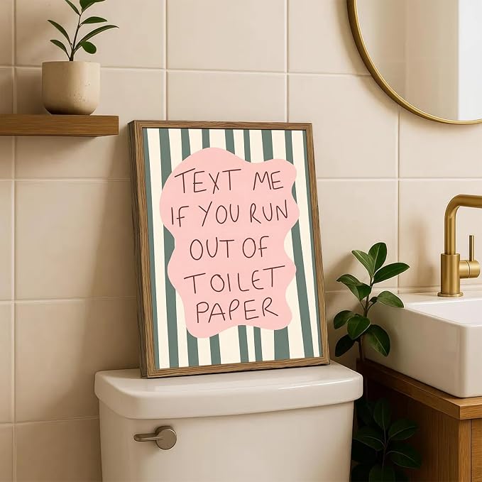 Funny Bathroom Quote Sign Wall Art Text Me If You Run Out of Toilet Paper Bathroom Wall Decor Cute Stripe Quotations Restroom Poster Canvas Print Picture 16x24 inch Wood Framed