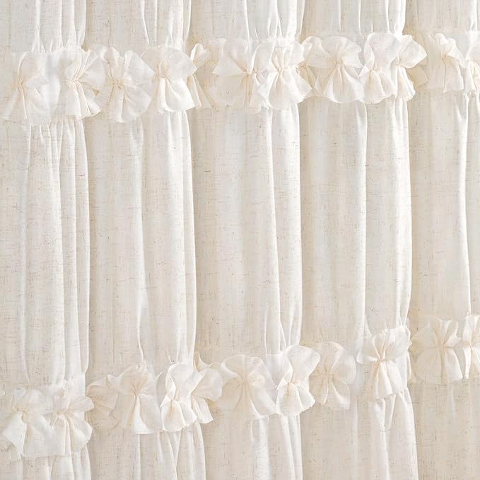 Boho Ruffle Farmhouse Fall Linen Shower Curtain Vintage Cream 72" W x 72" H | Fall Linen Blend Fabric, Ruffle Bow and Ruffled Hem,Linen Texture,Machine Washable,12 Metal Holes and Plastic Hooks