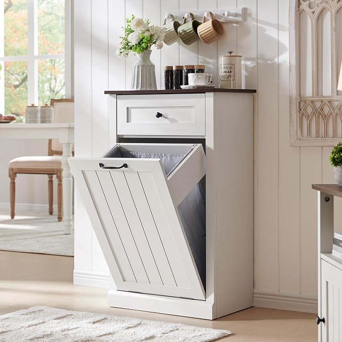IFBUY Tilt Out Laundry Hamper Cabinet, Trash Can Cabinet, Antique White | 10 Gallon Farmhouse Trash Cabinet w/Drawer, Hidden Wood Garbage Can Cabinet w/Laundry Storage Basket for Bathroom, Kitchen
