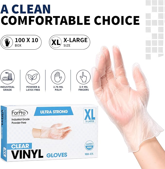 ForPro Disposable Vinyl Gloves, Industrial Grade, Powder & Latex Free, Non-Sterile, Food Safe, 2.75 Mil Palm, 3.9 Mil Fingers