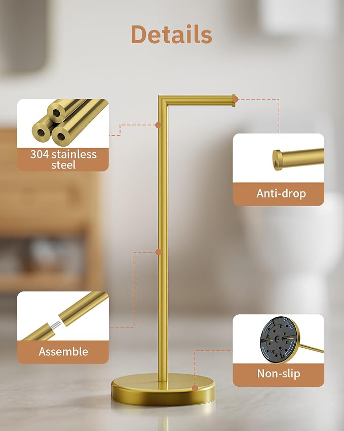 BWE Bathroom Toilet Paper Holder Stand Brushed Gold SUS304 Stainless Steel | RV Modern Freestanding Toilet Paper Roll Holder for Bathroom and Washroom with Heavy Weighted Base Portable Saving Space