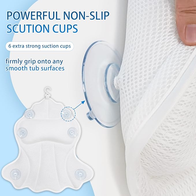 Poemland Bath Pillow for Tub, 4D Mesh with Ergonomic Head and Neck Support | Bathtub Pillow for Soaking tub with 6 suctions Cups,, for Relaxing Spa, White