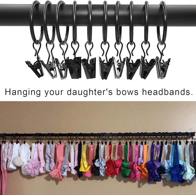 LLPJS 40 Pack Curtain Rings with Clips, Curtain Clip Rings Hooks, Bow Hanger Clips for Hanging Drapery Drapes Bows, Ring 1.26 inch Interior Diameter, Fits up to 1" Rod, Black