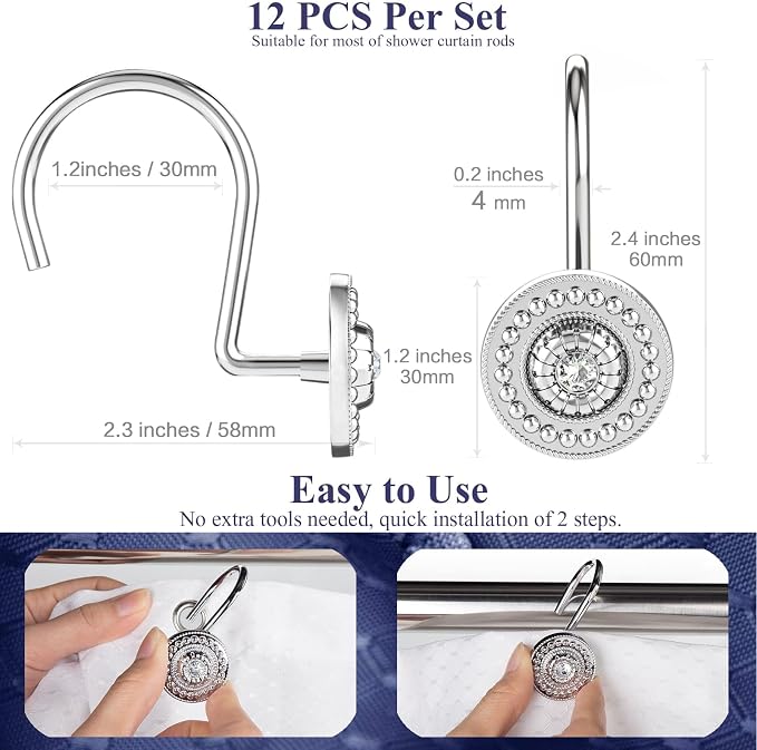 Silver Shower Curtain Hooks, Rust Proof Shower Curtain Rings for Bathroom, Metal Decorative Shower Curtain Hooks Hangers for Shower Curtain Rod, Shower Hooks for Shower Curtain Set of 12 Chrome | Zinc alloy & acrylic rhinestone design; 4mm thick wire h...