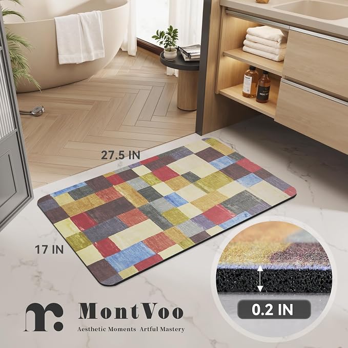 MontVoo -Bath Mat-Non Slip Thin Bathroom Rugs Fit Under Door- Quick Dry Absorbent Faux Suede Surface Grey Bathroom Floor Mats-Shower Rug for in Front of Bathtub Shower Retro Colors Plaid 17x27.5
