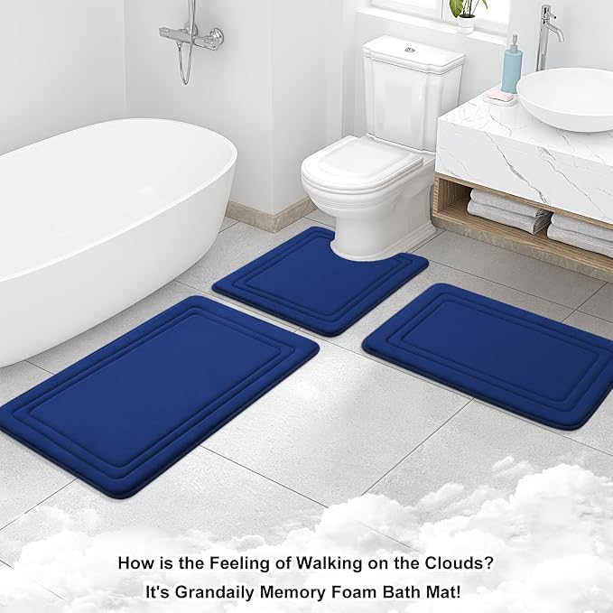 Grandaily Memory Foam Bath Mat Rug 44x24, Ultra Soft, Non-Slip and Absorbent Bathroom Rugs, Machine Wash Dry, Comfortable Bath Carpet for Bathroom Floor, Tub and Shower, Navy Blue
