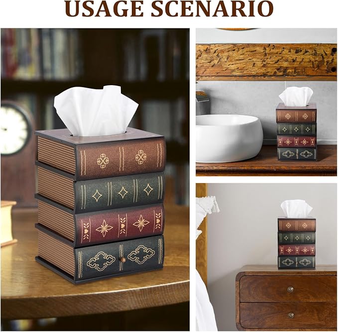 Antique Wooden Book Tissue Box Cover with Storage Drawer, Brown Top | Square Tissue Holder, Fit Cube Tissue Box, Retro Vintage Home Decor, for Table Desk Books Shelves Bathroom Living Room Office