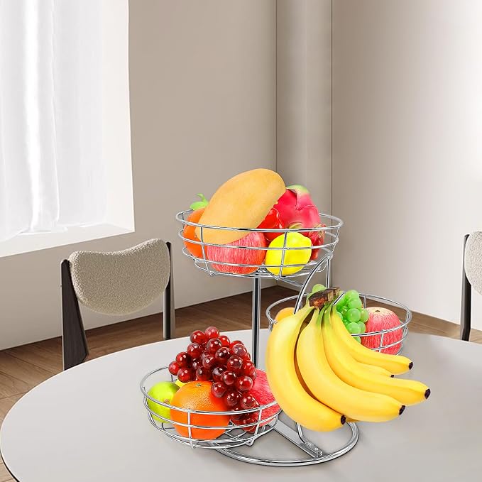 Livabber Fruit Basket Bowl with Banana Hanger, Fruit Vegetable Storage Basket with Banana Tree Holder for Kitchen Counter, Detachable Organizer for Bread Snack Produce (Chrome, 3-Tier Metal Base)