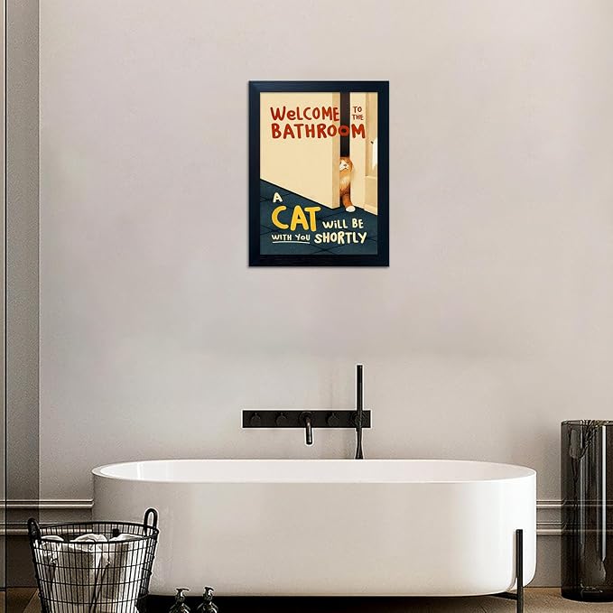 Welcome to the Bathroom Orange Cat Wall Art Framed A cat Will be With You Shortly Funny Bathroom Signs Wall Decor Canvas Print Poster Modern Home Decor