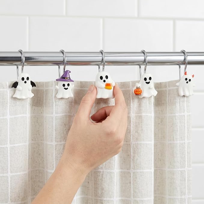 Halloween Shower Curtain Hooks 12 Pcs Ghost Pumpkin Decor Set | Resin Metal Standard Size, Smooth Gliding Rustproof, Bat Skull Spider Cat Designs, Bathroom Festive Home Accents