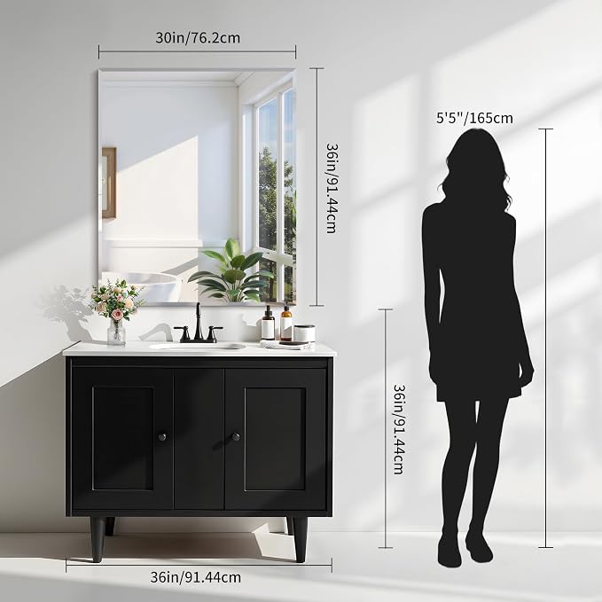 KOCUUY Beveled Mirror, 36x30 Inch Frameless Bathroom Mirror for Over Sink, Upgraded Shatterproof Beveled Unframed Design Mirror for Bathroom, Bedroom, Hang Horizontal/Vertical