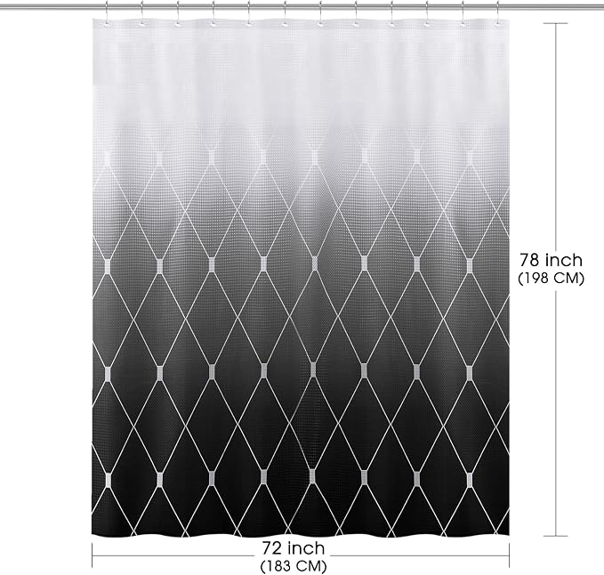 Long Black Shower Curtain, Ombre Geometric Design and Polyester Fabric Shower Curtains for Bathroom, Waffle Textured Heavy Duty Cloth Bath Curtain 72x78 Inch