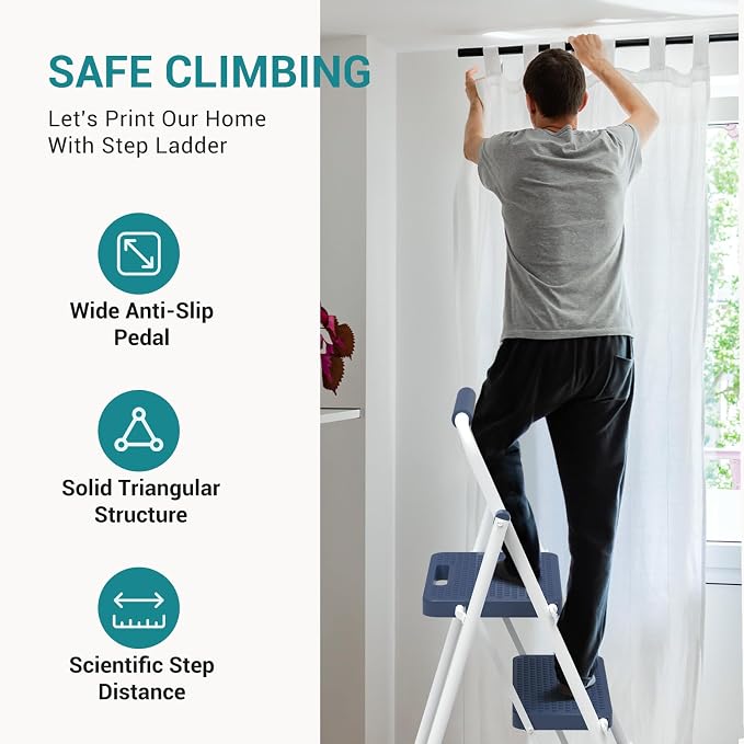 OLIXIS 2 Step Ladder, 800lbs Foldable Step Stool with Anti-Slip Pedal | Heavy Duty Portable Stepping Stool with Sturdy Steel Ladder & Comfortable Handrail, for Kitchen, Garage, Outdoor Use - Blue