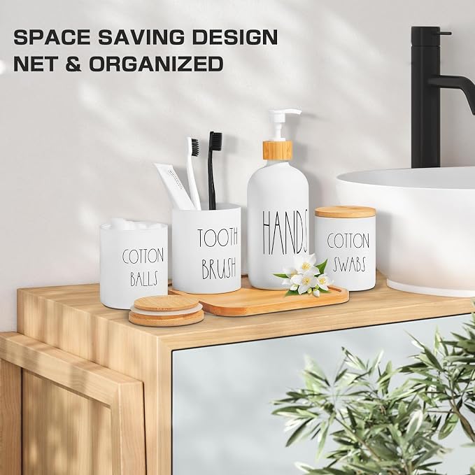 White Bathroom Accessories, 5 Pcs Glass Bathroom Accessory Set with Bamboo Tray, Soap Dispenser and Toothbrush Holder Set, Qtip and Cotton Ball Holder, Farmhouse Boho Bathroom Set Complete