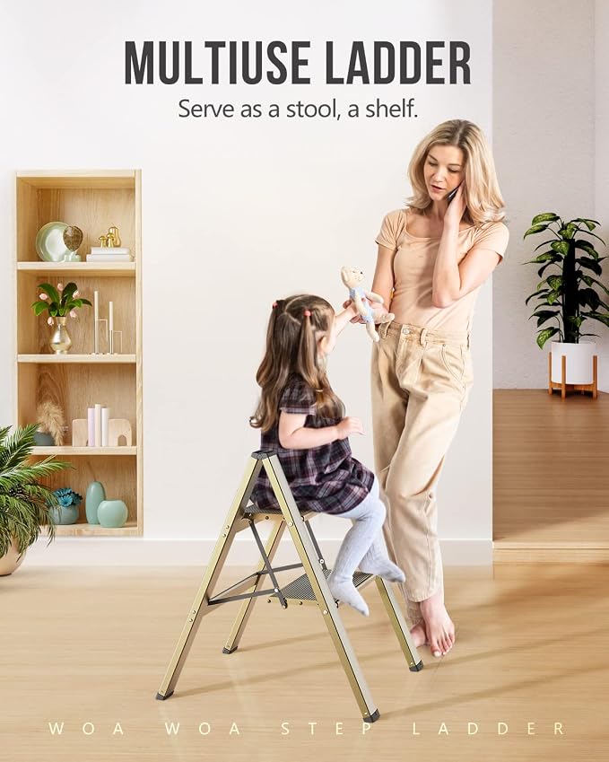 2 Step Foldable Step Stool, 300lbs Load, Gold | Folded 27''H x 2''T; Net 6.6 lbs; Non-Slip Feet: Wood/Tile/Carpet; Rigid Aluminum Steps; No Assembly; Ready From Box.