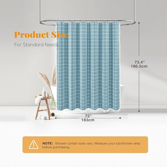Teal Boho Farmhouse Linen Heavy Duty Shower Curtain, 72x72, Turquoise | 330GSM Linen Blend, Classic Plaid, 3-side Tassels, Water Repellent Fabric, 12 Plastic Hook, Rustic Bohemian, Machine Washable