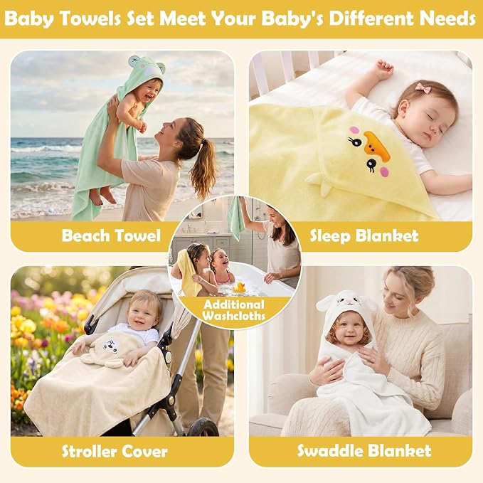 12 PCS Baby Bath Towels Set for Infants Toddlers Essentials | 4 PCS Baby Towels & 8 PCS Washcloths Set, Cute Animal Hooded, Ultra Absorbent & Soft, Newborn Shower Gifts for Boys & Girls