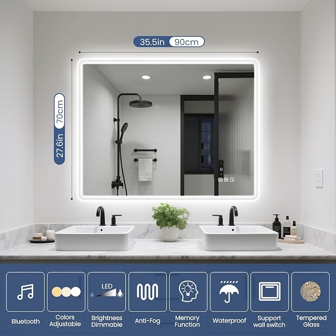 STARLEAD 28"x36" LED Bathroom Mirror with Bluetooth Speaker, 3 Color Temperature, Stepless Dimming, Anti-Fog, Touch Control, Wall-Mounted Vanity Mirror, Vertical or Horizontal
