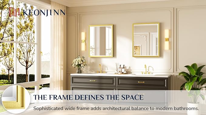 Keonjinn Brushed Gold Bathroom Mirror 24"x30", Beveled Edge Tempered Glass | Aluminum Alloy Frame Square Corner, Secure French Cleat, Anti-Rust, Transitional Style, Gold Bathroom Mirrors for Over Sink