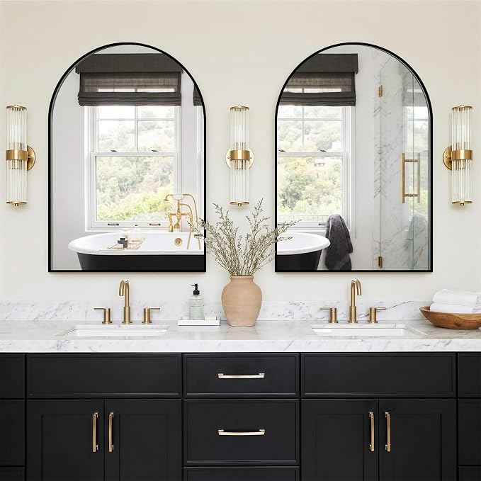 FGU Arched Bathroom Mirror for Over Sink 38"x26" Black Vanity Mirror | Wall Mounted, HD Tempered Shatter-Proof Glass, Rust-proof Arched Metal Frame, Arch Mirror for Bedroom, Living Room, Entryway