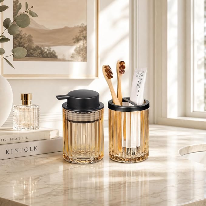 Amolliar Glass Toothbrush Holder Bathroom Tumbler Toothpaste Storage(Amber) | Bathroom Tumbler and Mouthwash Cup with 2 Compartment Organizer Divider, Toothbrush and Toothpaste Organizer for Countertop