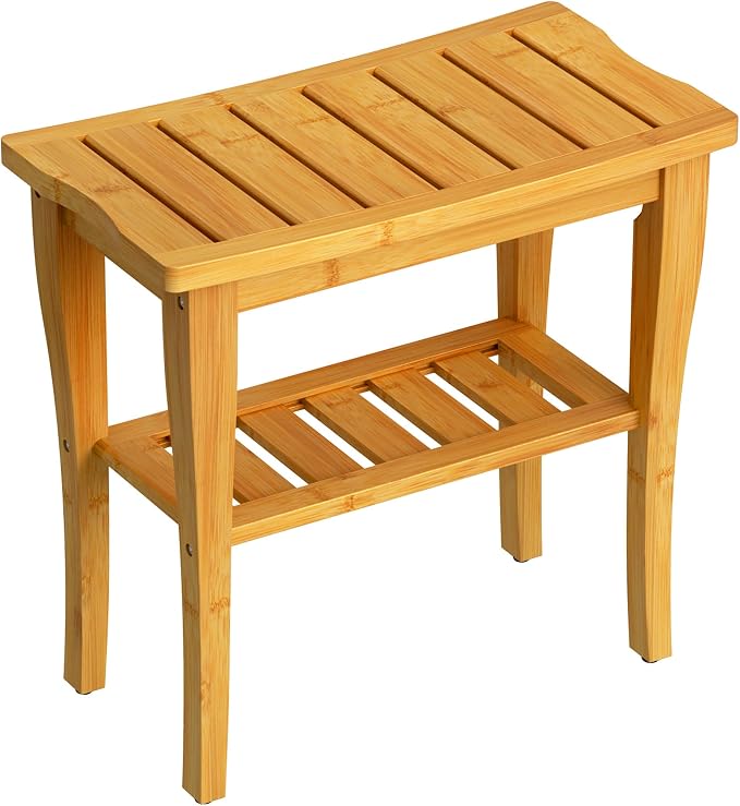 Bamboo Shower Bench Stool with Storage Shelf, Waterproof Shower Chair Spa Bath Seat, Shower Stool for Inside Shower, Bathroom Bench Seat for Adults Elderly Seniors for Indoor or Outdoor Use