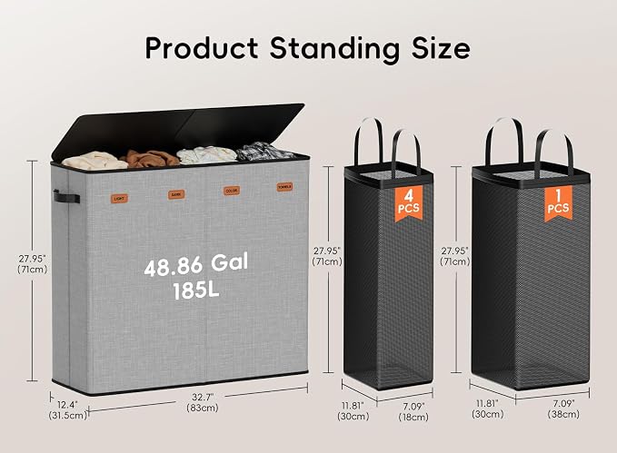Laundry Hamper 4-Section with Lid, 185L Laundry Sorter with 4 Removable Bags + 1 Extra Large Bag, Switchable 3/4 Compartment, Laundry Basket Organizer for Bedroom, Laundry Room,Grey