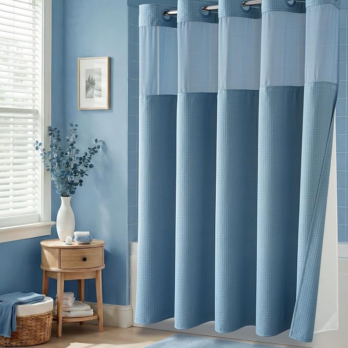 Moonlight Blue Hook Free Waffle Shower Curtain & Snap Liner,72x87 | Less Time to install, 3 in 1 Fabric Shower Curtain and Liner Set with Magnets, Extra Long, Shower Curtains for Bathroom