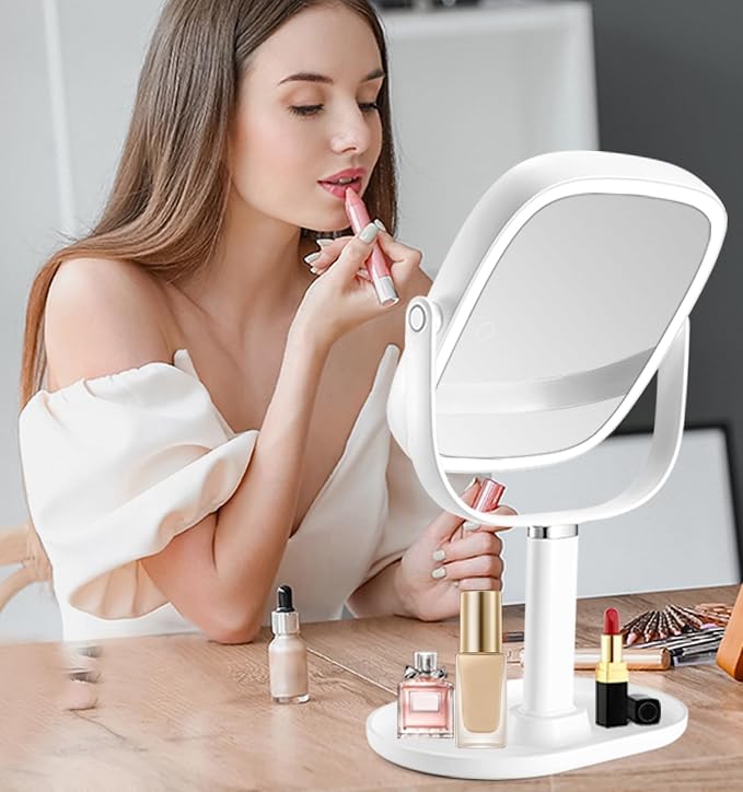 Vanmirr Lighted Makeup Mirror, Height-Adjustable with Magnification | 1x/10x Magnifying Mirror,Rechargeable Vanity Mirror with 3 Color Lights,Double Sided 360°Rotation,Memory Function