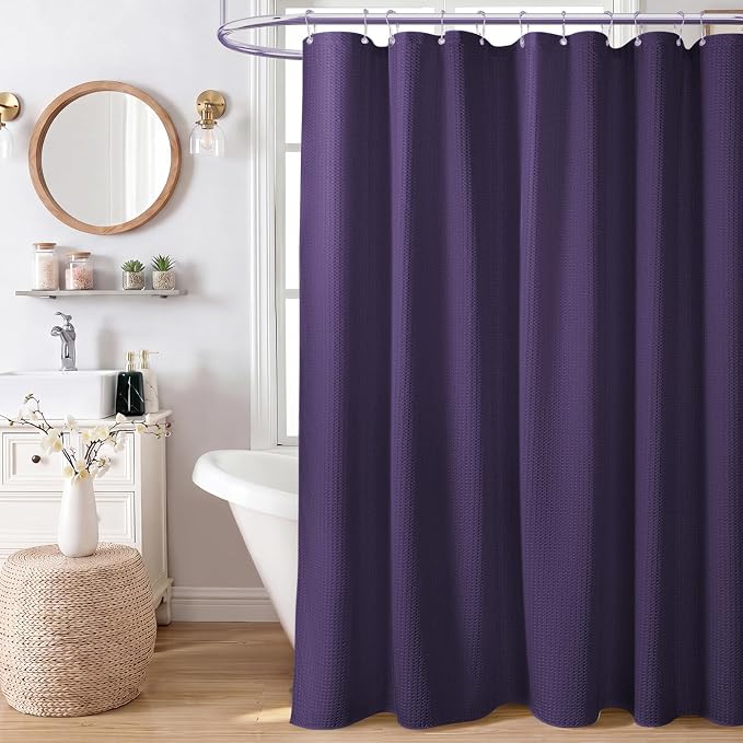Long Waffle Shower Curtain 256 GSM Heavy Fabric 72x78 Purple | 78 Inch Long, Thick Polyester Cloth, Weighted Hem, Water Repellent, Washable, Tall Hotel Bathroom Shower Curtain Set 12 Hooks
