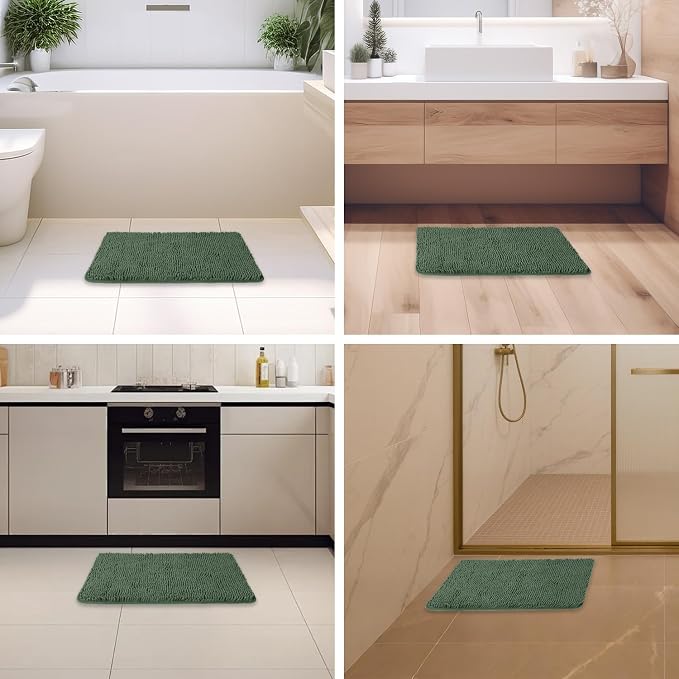 Hunter Green Bathroom Rugs – Absorbent and Washable Bath Mat, Non-Slip, Thick Soft Chenille Bath Rugs for Bathroom Floor, Shower, Sink - 17" x 24"