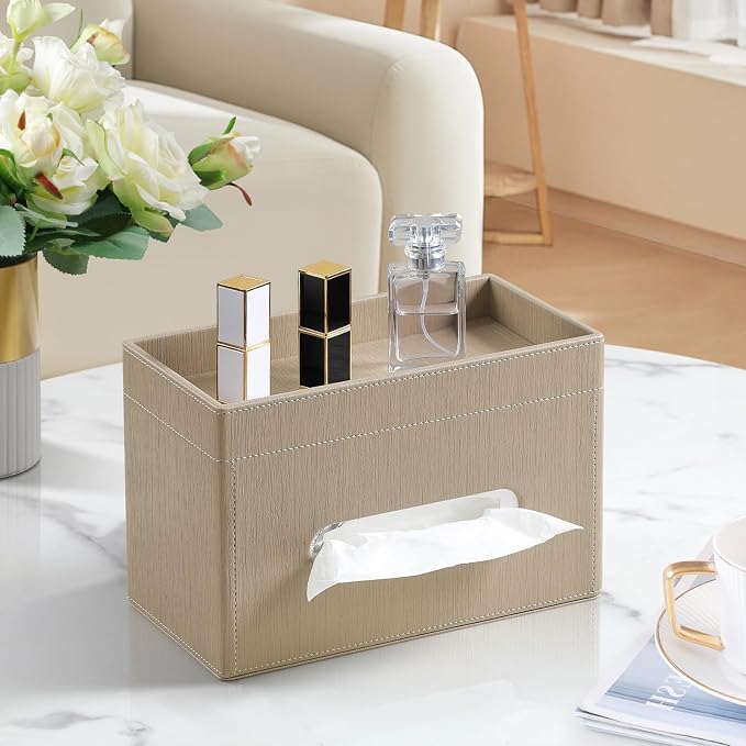 Plus Size Tissue Box Cover, Rectangle Tissue Box Organizer, Wood | Fit 180/230 Count Tissue Boxes, Storage Tray, PU Leather Large Tissue Box Cover, Rectangular Tissue Box Holder for Bathroom