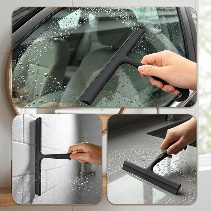Shower Squeegee for Glass Doors, 10-Inch Silicone, Fishtail Hook, Black | One-Piece Silicone Squeegee for Shower Glass, Fishtail Hook, Non-Slip Grip, Quiet Glide; Tile, Mirrors, Windows & Car Glass