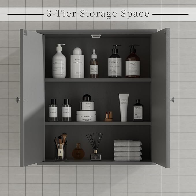 Shintenchi Bathroom Wall Medicine Cabinet, Over The Toilet Storage, Gray | Bathroom Storage Organizer Cupboard, with 2 Magnet Door and 3-Tier Shelves, Space Saving, Easy to Assemble & Clean