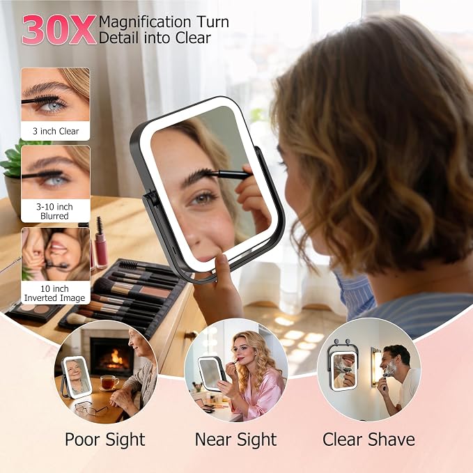 FUNTOUCH 3000mAh Rechargeable Travel Magnifying Mirror with Light, Black | 2-Sided 30X Magnifying travel makeup mirror with 3-Color Lighting, Dimmable Touch Screen,Compact Vanity Mirror for Women Gift