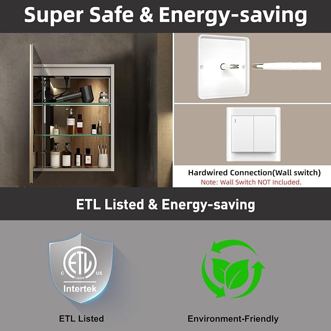 20 x 28 Inch Medicine Cabinet with Mirror and LED Light for Bathroom | Recessed, Wall-Mounted, Dimmable, Anti-Fog, Memory Function, 3 Color Mode, Outlet&USB, Adjustable Shelf, ETL Listed, Aluminum