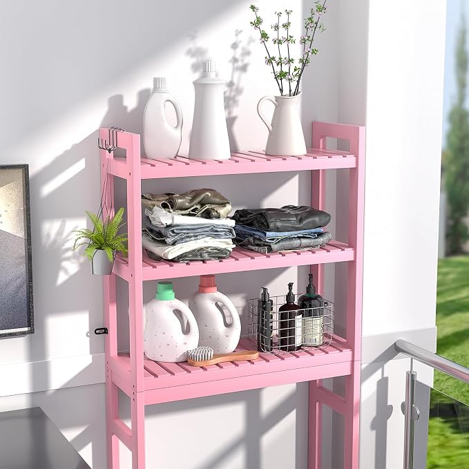 Bamboo Over The Toilet Storage Shelves, 3-Tier Above Toilet Storage Organizer Rack with 3 Hooks, Freestanding Bathroom Tower Shelf Unit for Small Space, No Rust, Easy to Assemble, Pink