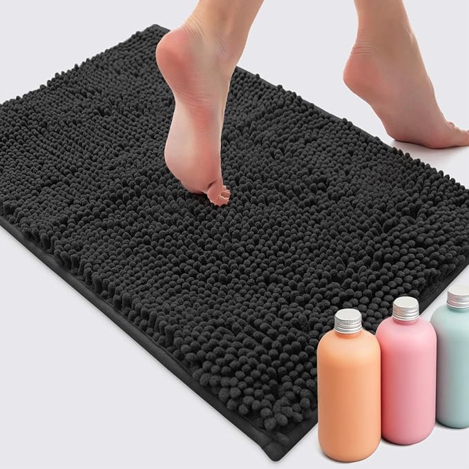 Ultra Soft Texture Chenille Plush Bath Rugs Floor Mats, Bath Rug Non Slip Microfiber Door Mat for Kitchen/Entryway/Living Room (30 x 20 inches, Black)