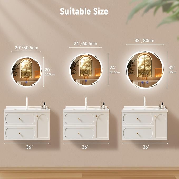 Bathroom Smart Mirrors with Three Color LED Lights,20”x20 Bath Round Mirror,Backlit + Front Lit Temperature Brightness Settings-Wall Mounted Lighted Bathroom Vanity Mirror