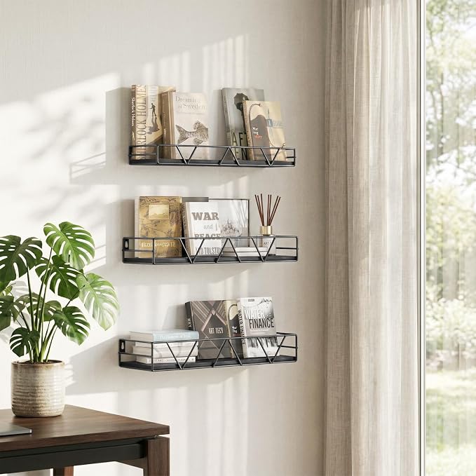 Floating Shelves for Wall Set of 3, Shelf for Home Storage Decor | Wall Mounted Hanging Shelves for Living Room, Bedroom, Bathroom, Kitchen - Black