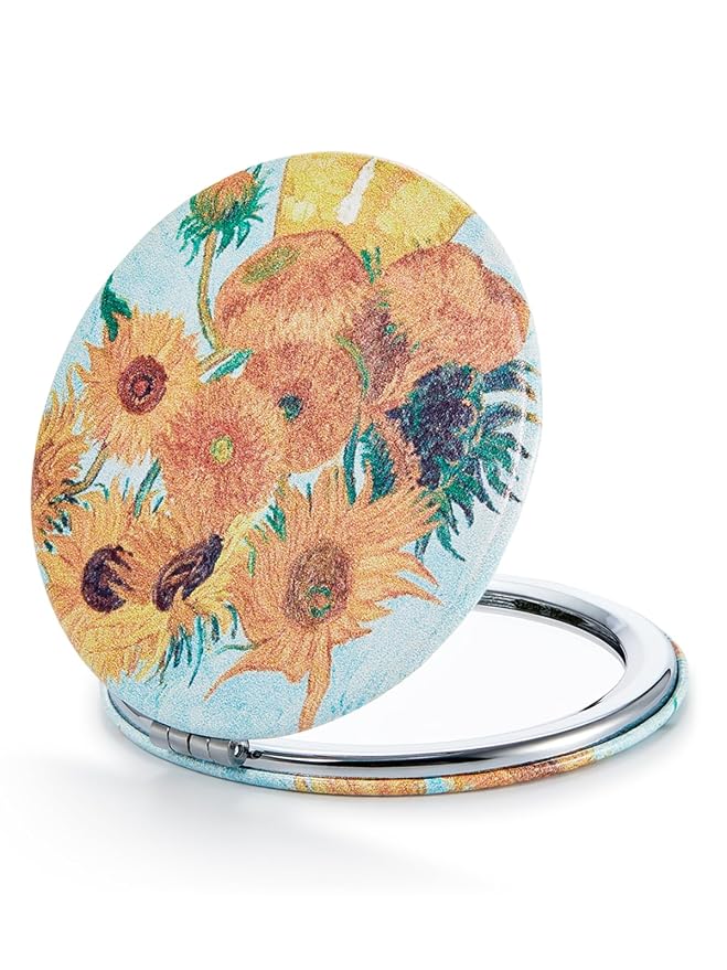 OMIRO 1X/10X Compact Magnifying Mirror for Travel, 2.8 in | Foldable Mirror, Portable Mirror for Makeup, Dual-Sided Flip, PU Leather, Round (Sunflowers)