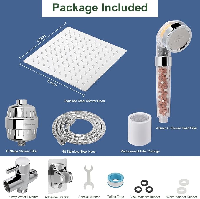 Filter Shower Head, High Pressure 8 Inch Rainfull with Filter Combo for Hard Water, Remove Chlorine Fluoride and Harmful Substances- 1 Replaceable Filter Cartridge (Square, Chrome)