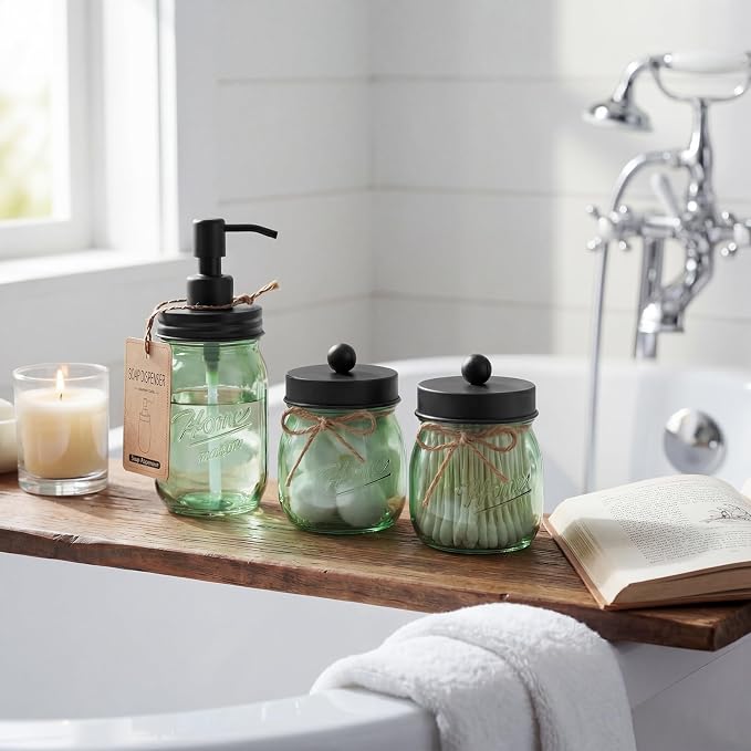 Amolliar 4PCS Bathroom Accessories Set, Green Glass Organizer Sets, Black | Lotion Soap Dispenser, Toothbrush Holder, 2 Qtip Holders, Rustic Farmhouse Decor for Countertop, Vanity, Bathroom Essentials