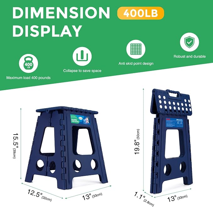 Dyforce Folding Step Stool 16 Inch,400lbs Foldable Step Stool for Adults | Step Stool Foldable Blue,Non-Slip Plastic Stepping Stool with Carry Handle,Lightweight for Bathroom Kitchen Bedroom Garden